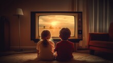Two Kids Boy And Girl Sitting On A Floor And Watching Retro Television In An Old Style Room, Back View