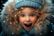 surprised laughing little girl in winter with strong expression