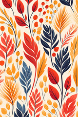 repetition and pattern autumn foliage and wild flowers, detail. vector flat shapes, bezier curves, 2 appealing colors tile