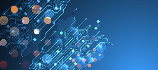 Leinwandbilder - Abstract circuit board and hexagons on gradient color background. Hi-tech digital technology concept.