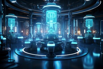 Poster - Ultramodern Futuristic lab in light. Science future. Generate Ai