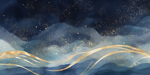 Japanese style background with image like rough sea, blue and gold abstract, Generative AI