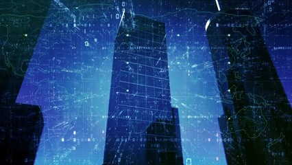 4K City Abstract rendering with lines and digital. World map code overlay