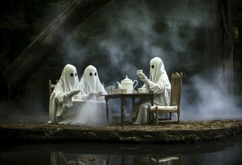 Wall Mural - Vintage Ghosts take tea picnic house. Face smoke. Generate Ai