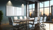 Modern meeting conference room with blank mockup board on wall. Interior of modern office meeting room, large conference table. 3d rendering. Teamwork,business,building,interior concept