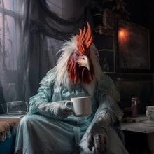Anthropomorphic Portrait Of A Rooster With A Cup Of Coffee In His Hands