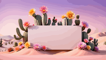 Blooming cactus and card in desert illustration for summer, frame, mockup, landscape, wallpaper, backdrop