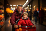 Fototapeta  - father and grandson in mall using shopping cart