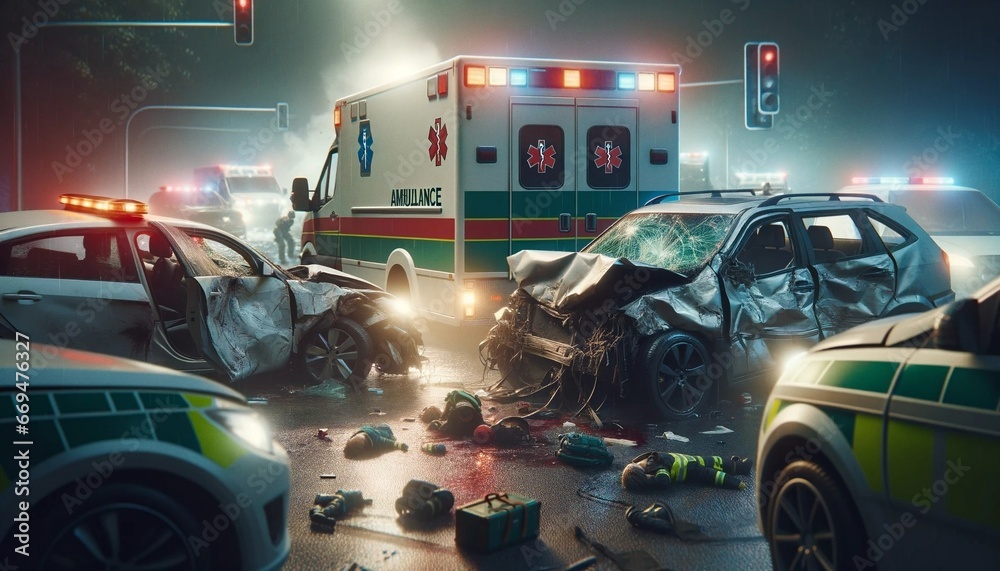 Frontal car crash in the city, ambulance and police on the scene, road ...