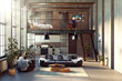 Industrial loft apartments with living room, kitchen and bedroom, 3D rendering.