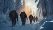 A group of friends on a skiing adventure, carving through fresh powder snow in a dense forest, early morning, soft and warm natural lighting, showcasing the thrill of winter sports.generative ai