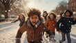 Portrait of a smiling boy, happy child. Kids enjoying a thrilling snowball fight in a snow-covered park, vibrant winter jackets, snowflakes mid-air. generative ai