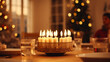 A heartwarming Hanukkah celebration takes place in a cozy family home. A beautifully lit menorah with burning candles stands on a table, illuminating the room with a warm, golden glow. generative ai