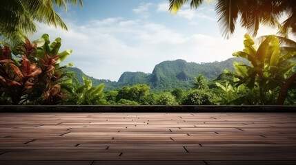 Wall Mural - wooden empty floor display jungle mountain forest nature panorama  - by generative ai