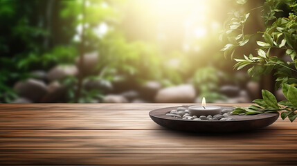 Canvas Print - wooden empty floor display zen wellness spa serenity candle garden  - by generative ai