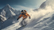 A skilled skier racing down a steep slope, snow spray trailing behind, with a stunning winter mountain backdrop, winter sports. generative ai