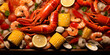 lobster on a market stall, seafood boil, crab, lobster, oysters, and clams all boiled together in a flavorful,boil corn illustrations 