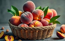 Jute Basket With Beautiful And Tasty Peaches On A Table. Created With Generative Ai Technology.