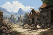 View of ruined village during the day. Generative AI