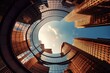 Circular view of contemporary skyscrapers captured from a low perspective. Generative AI
