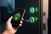 Opening House Door With Smartphone. Smart Lock System And IoT Concept. Hand With Phone Using App To Open Home Electronic Lock