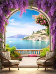 Lilac arch with a view of the embankment. Mediterranean landscape. Photo wallpapers. Wallpaper on the wall, Generative AI