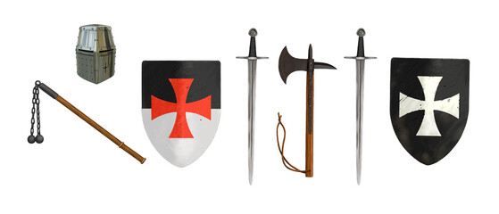 Wall Mural - Drawing with knight's weapons sword, ax, mace, shield, helmet.