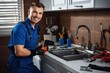 © artemstepanov - Smiling Plumber, Handsome Positive Sanitary Technician in Kitchen, Generative AI Illustration