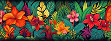 A Tropical Forest Illustration With Vibrant Flowers Creates A Colorful Floral Pattern In Boho Design