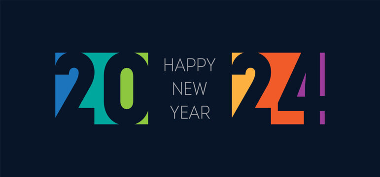 Bright design on dark background. Happy new year 2024, horizontal banner. Brochure or calendar cover vector design template. Cover of business diary for 20 24 with wishes.
