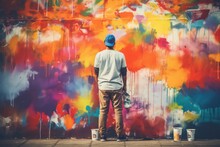 Street Artist Painting Colorful Graffiti On Public Wall, Modern Street Art Murales, Generative AI Illustration