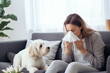 Pet Allergy, Allergic Woman with White Fluffy Dog, Sneezing Girl, Allergy Rhinitis, Respiratory Sickness