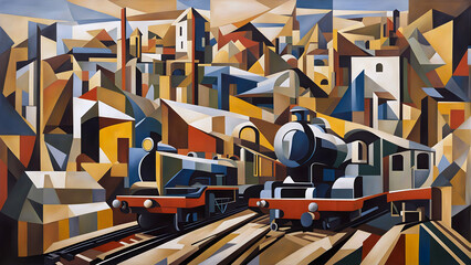 cubist style abstract painting of stream locomotives and tracks in an urban setting