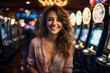 Young sexy lady smiling next to slot machine in casino