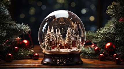 Wall Mural - Magical empty snow globe with Christmas decorations and candles on table. Christmas snow globe. Generative AI