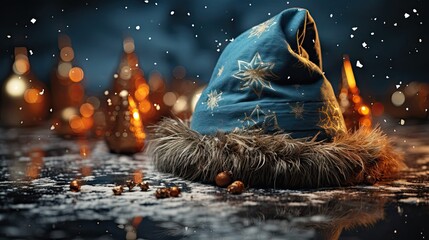Wall Mural - Santa claus blue hat on Christmas background. Cool Christmas concept. Generative AI