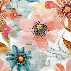 Wall Mural - Moire seamless pattern with exotic flowers in salmon and blue colors, intricate fabric textile, colorful whimsical design for cloth, boho style, floral repetition background. Generative AI