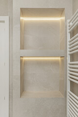 Wall Mural - Niche in a shower cabin with built-in shelves with LED lights and a white towel radiator