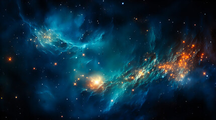 Wall Mural - dramatic landscape of an unknown planet, with high stone mountains, cosmic clouds, smoke, and fire. 