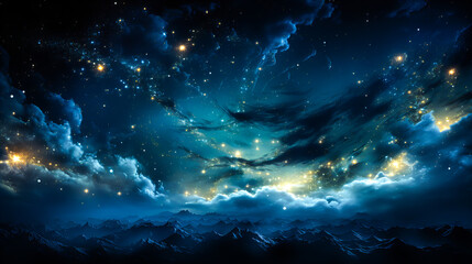Wall Mural - dramatic landscape of an unknown planet, with high stone mountains, cosmic clouds, smoke, and fire. 