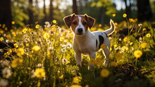 A Jack Russell Terrier Dog Standing Amidst A Field Of Yellow Flowers And Daisies, Illuminated By The Golden Sunlight Filtering Through The Trees