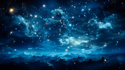 Wall Mural - dramatic landscape of an unknown planet, with high stone mountains, cosmic clouds, smoke, and fire. 