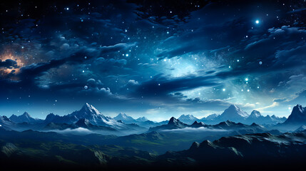 Wall Mural - Dramatic landscape of an unknown planet, with high stone mountains, cosmic clouds, smoke, and fire. Dark blue coloring.