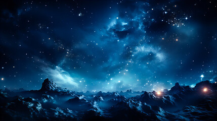 Wall Mural - dramatic landscape of an unknown planet, with high stone mountains, cosmic clouds, smoke, and fire. 