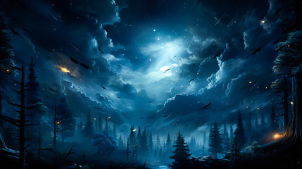 Wall Mural - dramatic landscape of an unknown planet, with high stone mountains, cosmic clouds, smoke, and fire. 