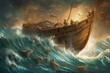 Depiction of Noah's ark sailing amidst turbulent waters, guided by unwavering belief. Generative AI