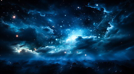 Wall Mural - dramatic landscape of an unknown planet, with high stone mountains, cosmic clouds, smoke, and fire. 
