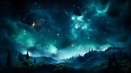 Wall Mural - dramatic landscape of an unknown planet, with high stone mountains, cosmic clouds, smoke, and fire. 