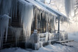 A lot of big icicles hanging from the roof of a house. Slippery ice staircase.