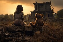 Lonely Little Girl With Teddy Bear On The Ruins Of A House